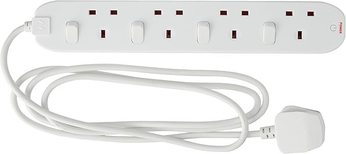 Masterplug Four Socket Extension with Individual Switches, 2 Metres, White