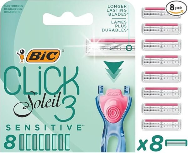 Bic Click 3 Soleil Sensitive Women's Razor Refills, 3 Moveable Blades and Lubricating Strip - Box of 8 Cartridges, Blue