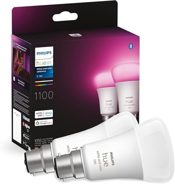 Philips Hue White & Colour Ambiance Smart Bulb Twin Pack LED [B22 Bayonet Cap] - 1100 Lumens (75W Equivalent)