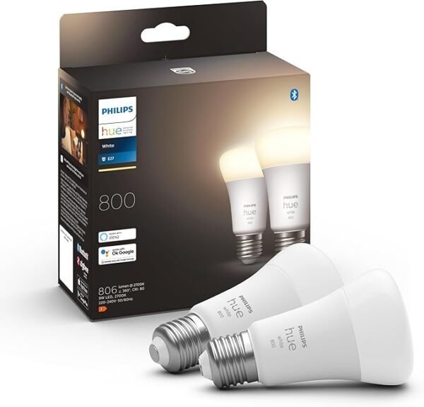 Philips Hue White A60 Smart LED Light Bulb 2 Pack [E27 Edison Screw] for Home