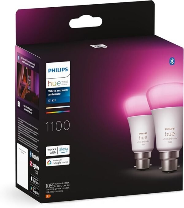 Philips Hue White & Colour Ambiance Smart Bulb Twin Pack LED [B22 Bayonet Cap] - 1100 Lumens (75W Equivalent)