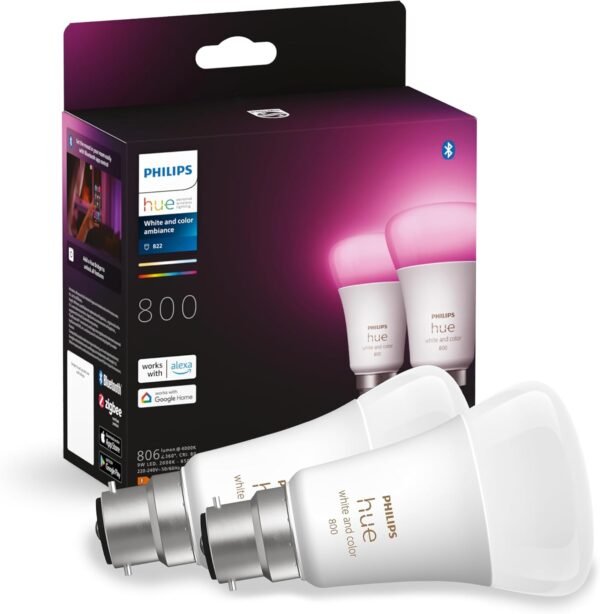 Philips Hue White and Colour Ambiance Smart Bulb Twin Pack LED [B22 Bayonet Cap] - 800 Lumens 60W Equivalent