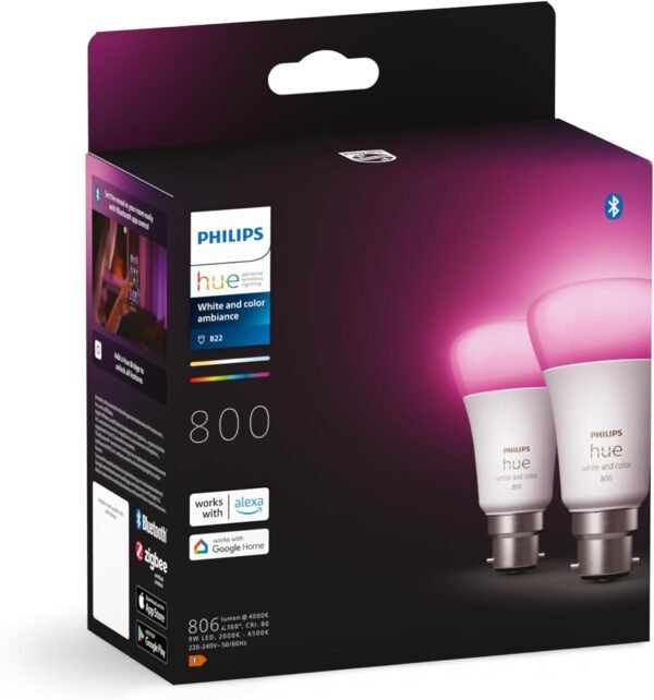 Philips Hue White and Colour Ambiance Smart Bulb Twin Pack LED [B22 Bayonet Cap] - 800 Lumens 60W Equivalent