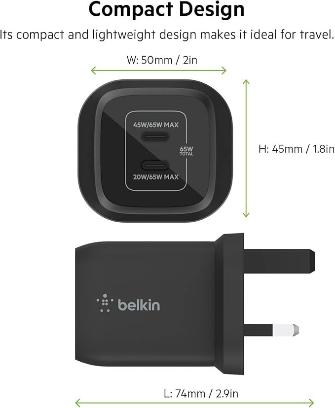 Belkin 65W Dual USB Type C Wall Charger, Fast Charging Power Delivery 3.0 with GaN Technology, USB Plug fast charger for iPhone 16, 15, 14, iPad, MacBook, Samsung Galaxy S24, Pixel and more - Black