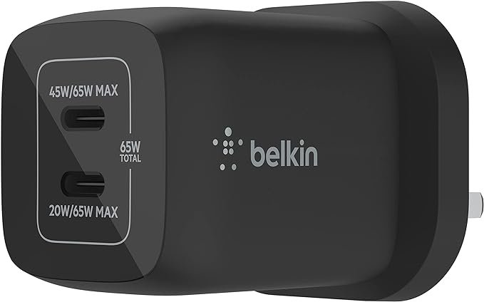 Belkin 65W Dual USB Type C Wall Charger, Fast Charging Power Delivery 3.0 with GaN Technology, USB Plug fast charger for iPhone 16, 15, 14, iPad, MacBook, Samsung Galaxy S24, Pixel and more - Black