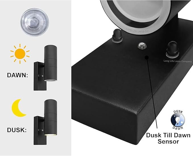 Long Life Lamp Company Outdoor Wall Light Dusk Till Dawn Sensor Black Finish Stainless Steel Up and Down Shining IP65 ZLC090-B
