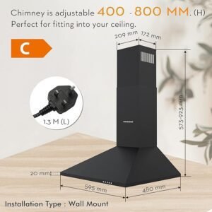 FIREGAS Black Chimney Cooker Hood 60cm with Carbon Filters Stainless Steel Wall Mounted Extractor Hood Recirculating & Ducting Extractor Fan Black Cooker Hood