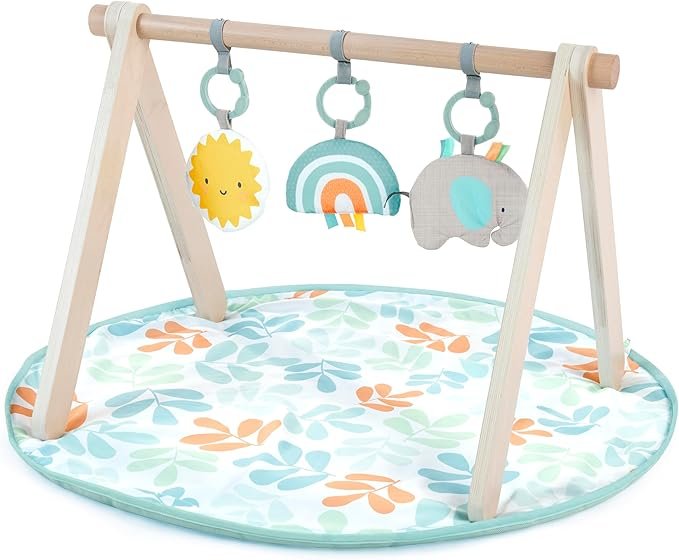 Ingenuity: ity by Ingenuity, Sun Valley Wooden Toy Arch & Play Mat, Foldable A-Frame Bar with 3 Removable Toys, Machine-Washable Mat, Unisex, for Ages 0-36 Months