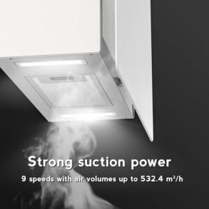 FIREGAS 60cm cooker hood, energy saving brushless motor, low noise, powerful suction, 9 speeds, 532.4 m³/h, exhaust or recirculation mode, stainless steel and tempered glass, with filter CC170