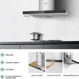 COMFEE' 90 cm Chimney Hood 90M77 Class A+++ Stainless Steel Extractor Hood with Recirculating & Ducting System, Gesture Control Extractor Fan Kitchen with Carbon Filters