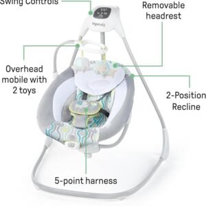 Ingenuity SimpleComfort Lightweight Compact 6-Speed Multi-Direction Baby Swing, Vibrations & Nature Sounds, 0-9 Months 6-20 lbs (Everston)