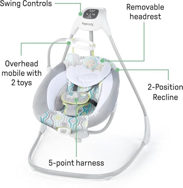 Ingenuity SimpleComfort Lightweight Compact 6-Speed Multi-Direction Baby Swing, Vibrations & Nature Sounds, 0-9 Months 6-20 lbs (Everston)