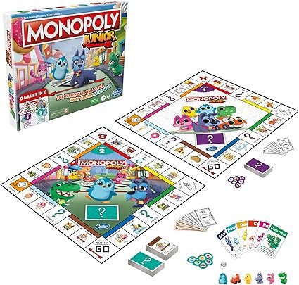 Monopoly Junior Board Game, 2-Sided Gameboard, 2 Games in 1, Monopoly Game for Younger Children; Kids Games, Junior Games
