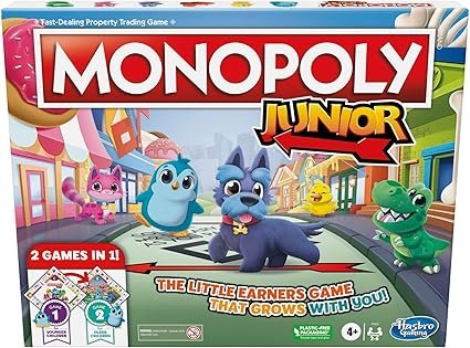 Monopoly Junior Board Game, 2-Sided Gameboard, 2 Games in 1, Monopoly Game for Younger Children; Kids Games, Junior Games