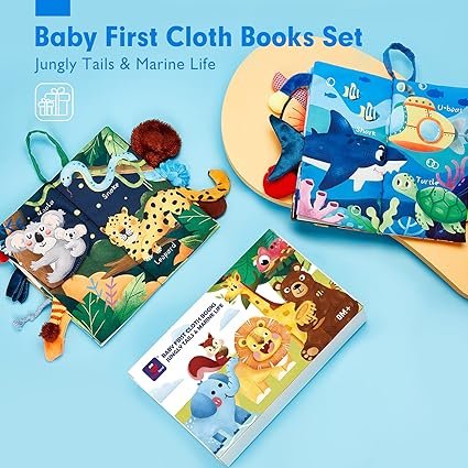 hahaland 2 Pcs Sensory Toys 0-6 Months Touch Feel Activity Soft Book with Squeaker