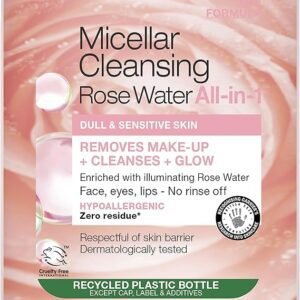 Garnier Micellar Rose Cleansing Water For Dull Skin, Glow Boosting Cleanser and Makeup Remover