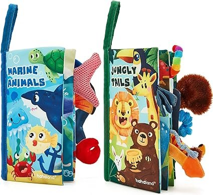 hahaland 2 Pcs Sensory Toys 0-6 Months Touch Feel Activity Soft Book with Squeaker