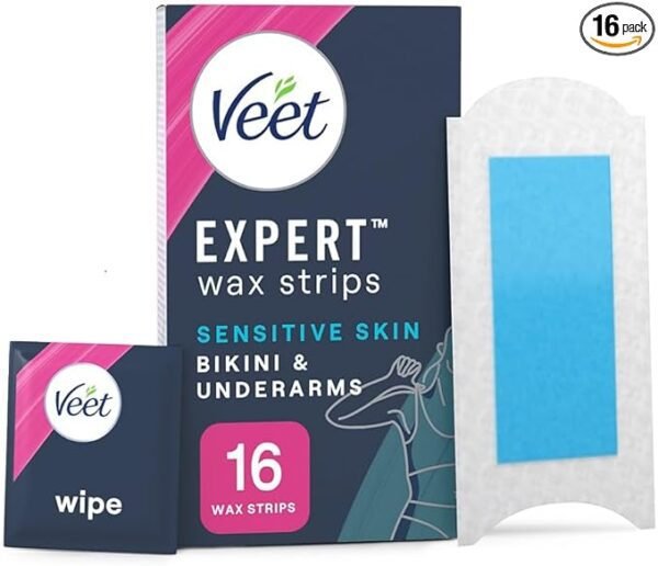 Veet Expert Cold Wax Strips, 16 Strips + 3 Finish Wipes, Brazilian Wax, Bikini Wax Strips, Bikini Hair Removal Underarm, Senisitive Wax Strips, Almond Oil, Waxing, Hair Removal