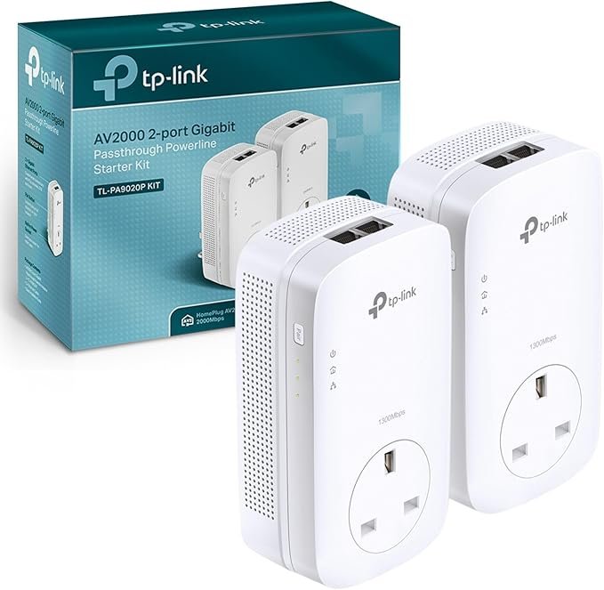 TP-Link TL-PA9020PKIT 2-Port Gigabit Passthrough Powerline Starter Kit, Data Transfer Speed Up to 2000 Mbps, Ideal for HD Video Streaming and Online Gaming, No Configuration Required, UK Plug