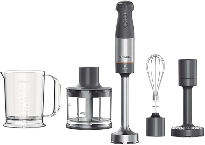 Kenwood Triblade XL Hand Blender, Mixer with Anti-Splash, Chopper 500ml, Metal Whisk and Masher Attachment and BPA-Free Plastic Beaker, HBM60.307GY, Dishwasher Safe, 1000W, Grey