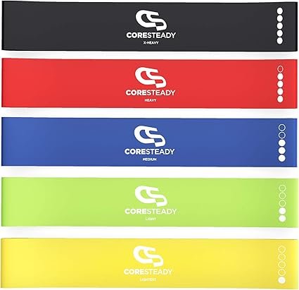 Coresteady Resistance Bands Set of 5 - Mini Fitness & Loop Exercise Band for Men & Women - Yoga, Body & Gym Sport Resistance Loop Bands for Strength, Muscle & Tone - With E-Guide & Travel Bag
