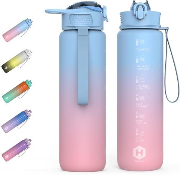 HOMEEX Motivational Fitness Sport Water Bottles with Straw & Time Maker, BPA-free Plastic Drink Bottle 1l Design for Girls, Boy Running,cycling (Blue & Pink, 1000ML-32OZ)