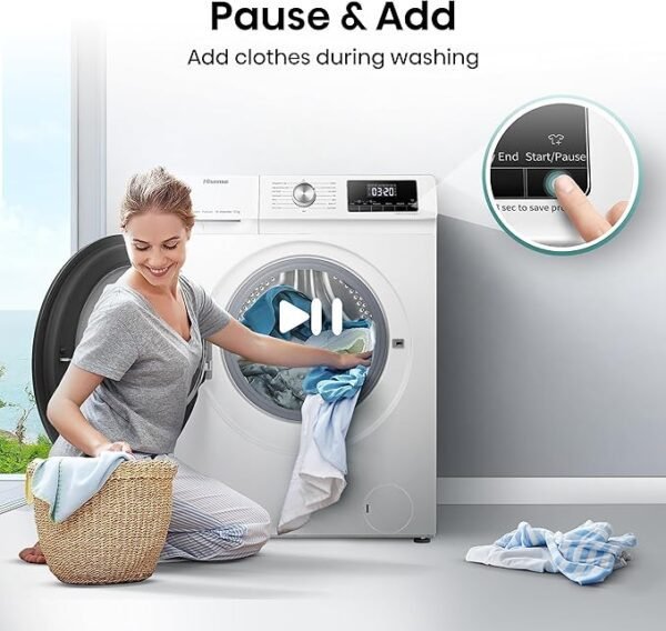 Hisense WFQA1214EVJM Freestanding 12 KG Front Load Washing Durable Inverter Machine Steam Wash Quick Wash 15 Washing Programs 1400 RPM White Energy Rating A [Energy Class A]