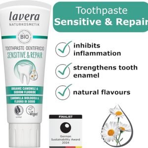 lavera Toothpaste Sensitive & Repair - for Sensitive Teeth - 24 Hours Protection - Organic Chamomile & Sodium Fluoride - Vegan - Natural Cosmetics - 75 ml