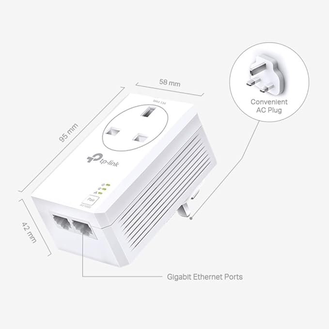 TP-Link TL-PA7027P KIT AV1000 2-Port Gigabit Passthrough Powerline Starter Kit, Data Transfer Speed Up to 1000 Mbps, Ideal for HD/3D/4K Video Streaming, Online Gaming, No Configuration Required, White