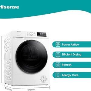 Hisense 3 Series DHQA902U 60cm Freestanding 9 KG Heatpump Front Load Tumble Dryer - 15 Programmes - Auto dry- Steam Refresh - Allergy Care - White [Energy Class A++]