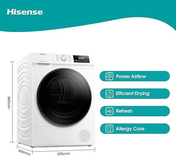 Hisense 3 Series DHQA902U 60cm Freestanding 9 KG Heatpump Front Load Tumble Dryer - 15 Programmes - Auto dry- Steam Refresh - Allergy Care - White [Energy Class A++]