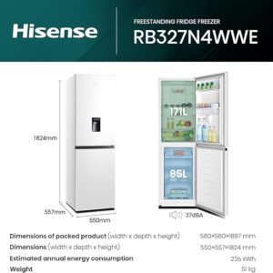 Hisense RB327N4WWE 55cm Freestanding 50/50 Fridge Freezer - 251 litre capacity - Total No Frost - Non-plumbed Water Dispenser - White - E Rated, H182.4 x W55 x D55.7 (cm) [Energy Class E]