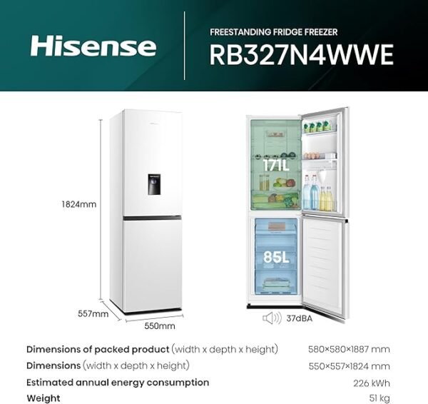 Hisense RB327N4WWE 55cm Freestanding 50/50 Fridge Freezer - 251 litre capacity - Total No Frost - Non-plumbed Water Dispenser - White - E Rated, H182.4 x W55 x D55.7 (cm) [Energy Class E]