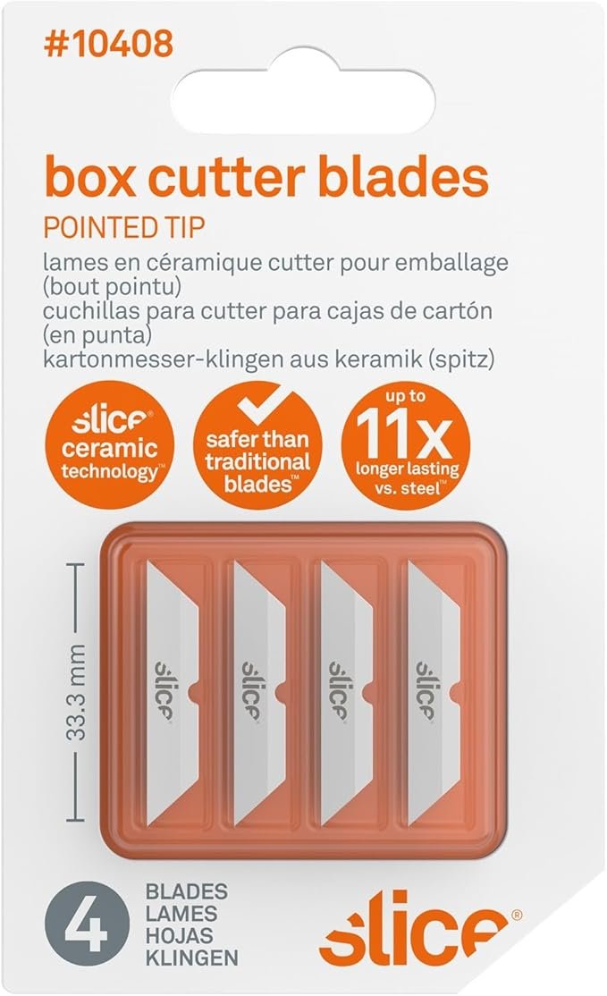 Slice 10408 Replacement Ceramic Blades (Pointed Tip) | Pack of 4 | Finger-Friendly, Dual-Sided Ceramic Safety Blades | Last Up to 11X Longer Than Traditional Blades