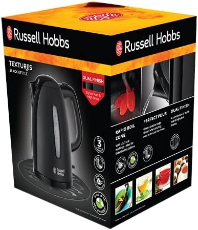 Russell Hobbs Textures Electric 1.7L Cordless Kettle (Fast Boil 3KW, Black premium plastic, matt & high gloss finish, Removable washable anti-scale filter, Push to open lid, Perfect pour spout) 21271