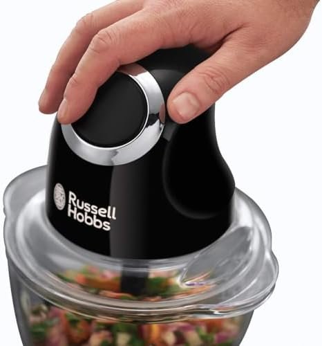 Russell Hobbs Desire Electric Fruit & Vegetable Mini Chopper, 1L glass bowl with 500ml food capacity & storage lid, Dishwasher safe parts, Stainless Steel blades, One touch operation, 200W, 24662