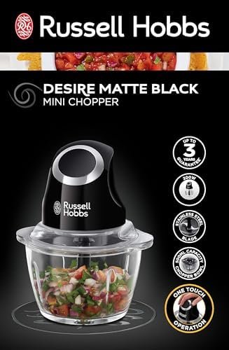 Russell Hobbs Desire Electric Fruit & Vegetable Mini Chopper, 1L glass bowl with 500ml food capacity & storage lid, Dishwasher safe parts, Stainless Steel blades, One touch operation, 200W, 24662
