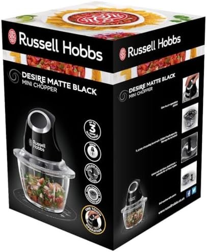 Russell Hobbs Desire Electric Fruit & Vegetable Mini Chopper, 1L glass bowl with 500ml food capacity & storage lid, Dishwasher safe parts, Stainless Steel blades, One touch operation, 200W, 24662