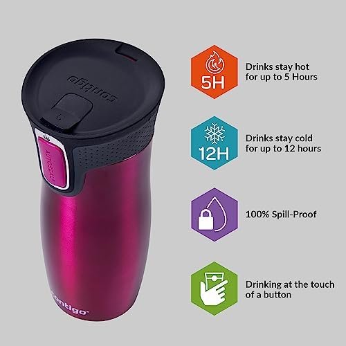 Contigo West Loop Autoseal Travel Mug, Stainless Steel Thermal Mug, Vacuum Flask, Leakproof Tumbler, Coffee Mug with BPA Free Easy-Clean Lid, 470 ml, Raspberry