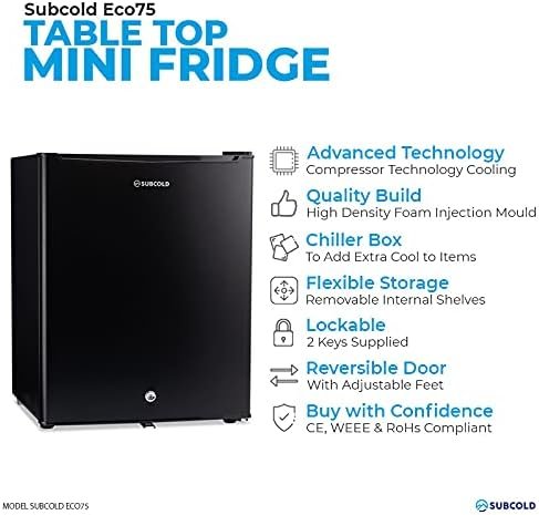 Subcold Eco75 Mini Fridge Black | Table-Top Model | Counter-Top Fridge | Solid Door with Chiller Box | Lock & Key | Energy Efficient (75L)…