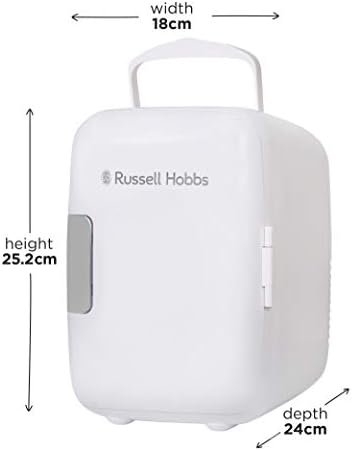 Russell Hobbs Mini Fridge RH4CLR1001 4L/6 Can Portable Mini Cooler & Warmer for Drinks, Cosmetics/Makeup/Skincare, AC/DC Power, Retro Style, White, For Bedroom, Home, Caravan, Car