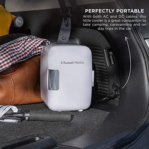 Russell Hobbs Mini Fridge RH4CLR1001 4L/6 Can Portable Mini Cooler & Warmer for Drinks, Cosmetics/Makeup/Skincare, AC/DC Power, Retro Style, White, For Bedroom, Home, Caravan, Car