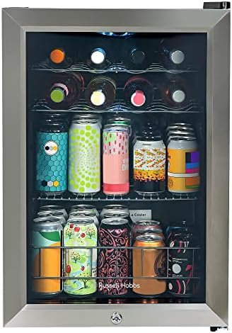 Russell Hobbs Mini Fridge 20 Bottle/62L Lockable Freestanding Stainless Steel Table Top Mini Beer & Wine Fridge, LED Light & Lock and Key with Glass Door RHGWC4SS-LCK