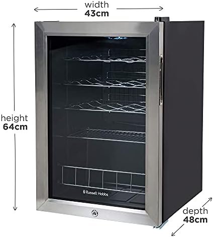 Russell Hobbs Mini Fridge 20 Bottle/62L Lockable Freestanding Stainless Steel Table Top Mini Beer & Wine Fridge, LED Light & Lock and Key with Glass Door RHGWC4SS-LCK
