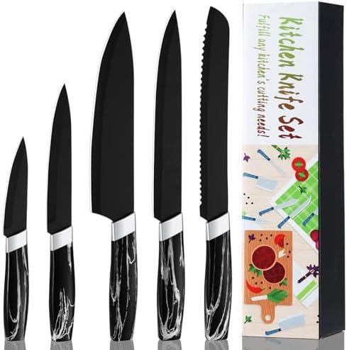 BEWOS Kitchen Knife Set, 5PCS Professional Kitchen Knives with Chef Knife, Bread Knife, Slicing Knife, Utility Knife & Paring Knives, Stainless Steel Sharp Knife Set for Kitchen, Dishwasher Safe