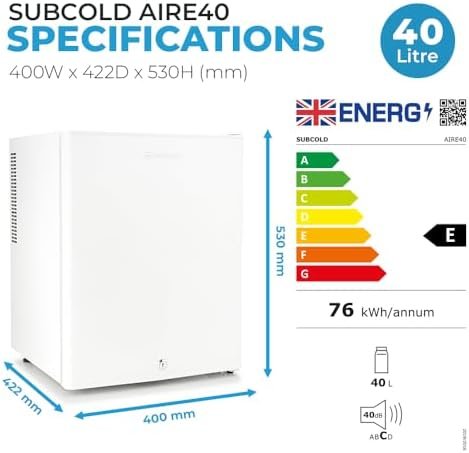 Subcold Aire40 LED Mini Fridge | 40L Table Top Fridge | Quiet & Frost Free for Bedrooms & Hotels | Lockable with Solid door & interior LED light (White)
