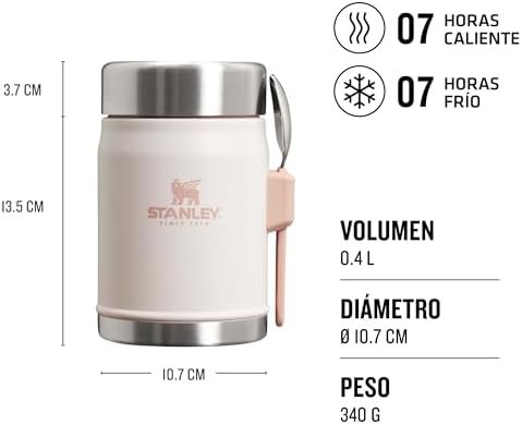 Stanley Classic Legendary Food Jar 0.4L with Spork - Keeps Cold or Hot For 7 Hours - BPA-Free Stainless Steel Soup Flask - Leakproof - Dishwasher Safe - Rose Quartz