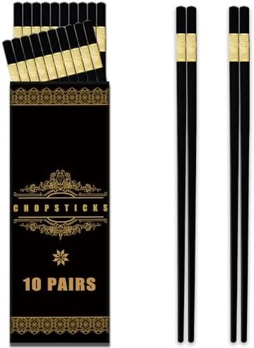 BEWOS 10 Pairs Black Alloy Chopsticks- 9. 5 Inch, Dishwasher Safe Chop Sticks, Alloy Chopsticks, Reusable Chinese Chop Sticks, Non-Slip