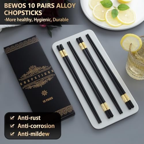 BEWOS 10 Pairs Black Alloy Chopsticks- 9. 5 Inch, Dishwasher Safe Chop Sticks, Alloy Chopsticks, Reusable Chinese Chop Sticks, Non-Slip