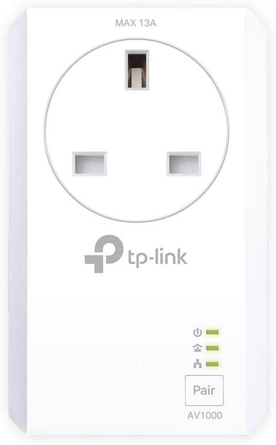 TP-Link TL-PA7027P KIT AV1000 2-Port Gigabit Passthrough Powerline Starter Kit, Data Transfer Speed Up to 1000 Mbps, Ideal for HD/3D/4K Video Streaming, Online Gaming, No Configuration Required, White